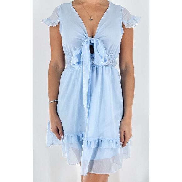 Women's V Neck Tie Front Ruffle Layer Short Sleeve Mini Dress Baby Blue Small - Picture 1 of 3